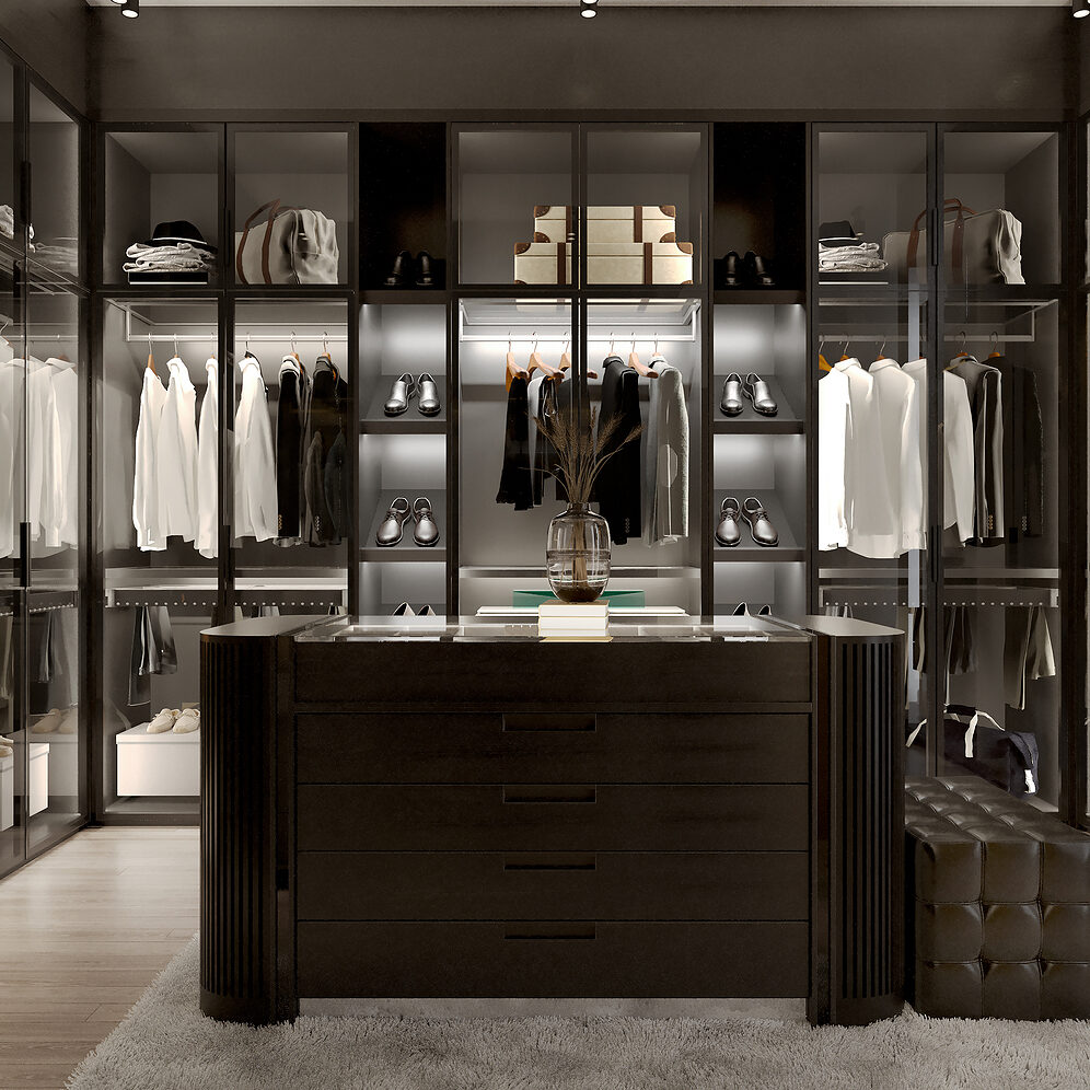 Modern black wardrobe and lighting with clothes hanging on rail in walk in closet design interior. 3D illustration